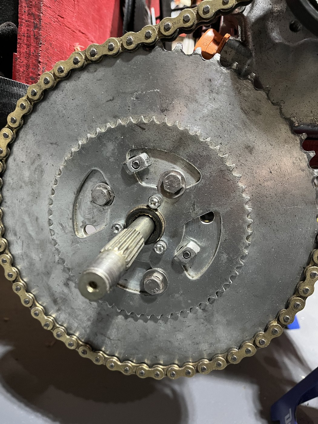 Combined sprocket assembly showing T8F and 420 sprockets bolted together